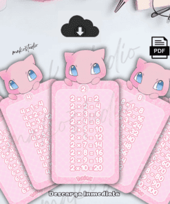 Cinco tarjetas rosas con un dibujo animado de Mew en la parte superior, cada tarjeta muestra las tablas de multiplicar del 2 al 6. Los iconos de descarga en PDF y en la nube están encima de las tarjetas, con el texto en español debajo.