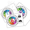 Tres coloridas ruedas de multiplicación con números en cada sección, con los números grandes 2, 4 y 6 en el centro. En una tarjeta aparece un icono de descarga de PDF, que indica la disponibilidad digital.
