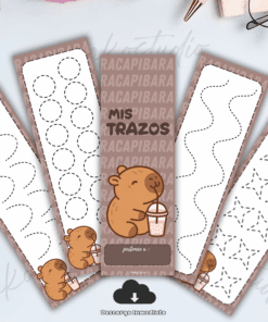 Cuatro marcapáginas con ilustraciones de carpinchos y trazos de preescritura de diversas formas y dibujos sobre un fondo claro. En el marcapáginas central se lee "MIS TRAZOS" con un simpático carpincho sosteniendo una bebida.