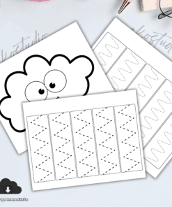 Tres hojas de actividades imprimibles sobre un escritorio: una con la cara de una nube de dibujos animados, y dos con líneas de trazado en zigzag para que los niños practiquen la preescritura. También se ven un clip y un bolígrafo.