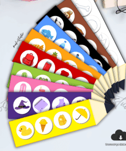 Un conjunto de coloridas tiras marcapáginas, cada una con forma de lápiz y tres iconos circulares con diferentes objetos, como un pato, un helado, un paraguas, un sombrero de bruja, una mochila, un robot, etc.