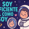 Mantras positivos Edición Espacial 3 Un astronauta de dibujos animados sonríe y se abraza en el espacio, rodeado de planetas y estrellas. El texto en español dice: