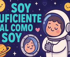 Mantras positivos Edición Espacial 3 Un astronauta de dibujos animados sonríe y se abraza en el espacio, rodeado de planetas y estrellas. El texto en español dice: