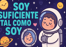 Mantras positivos Edición Espacial 2 Un astronauta de dibujos animados sonríe y se abraza en el espacio, rodeado de planetas y estrellas. El texto en español dice: "Soy suficiente tal como soy".
