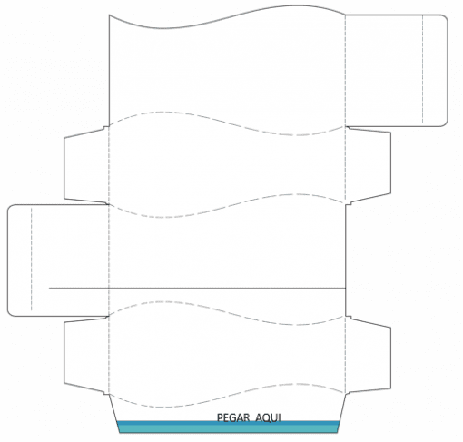65 Moldes para cajitas y manualidades escolares es una plantilla de caja de papel plana y desplegada con líneas discontinuas que indican pliegues, líneas continuas para cortes y una pestaña etiquetada que dice "pegar aquí" para pegar.