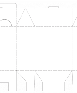Dibujo técnico de una plantilla de caja desplegada con líneas perforadas que indican pliegues y pestañas para su montaje. El diseño incluye una solapa superior con borde semicircular para facilitar la apertura, ideal para 65 Moldes para cajitas y manualidades escolares.