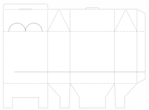 Dibujo técnico de una plantilla de caja desplegada con líneas perforadas que indican pliegues y pestañas para su montaje. El diseño incluye una solapa superior con borde semicircular para facilitar la apertura, ideal para 65 Moldes para cajitas y manualidades escolares.