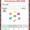 EXAMEN TRIM I CUARTO GRADO 2025-2026 3 Colorida portada de hoja de trabajo para evaluación de matemáticas de cuarto grado, año escolar 2025-2026, con espacios para escribir nombre, escuela y grupo. Presenta símbolos matemáticos y una tabla de calificaciones en la parte inferior. Borde rojo y morado.