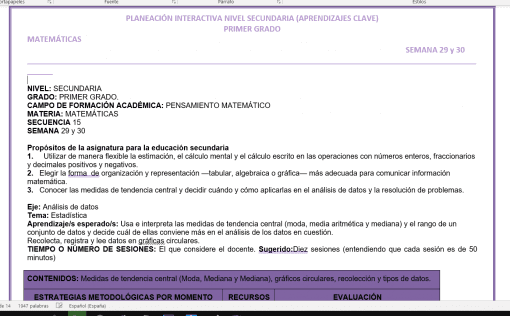 Captura de pantalla de una Planeación secundaria Matemáticas 1 3er Trimestre que detalla un plan de lección de matemáticas para la primera semana del tercer trimestre en un nivel secundario. El texto describe los objetivos, el contenido temático y la metodología en viñetas organizadas.