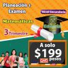 Colorido cartel promocional del plan de examen y guía de estudio "Planeaciones Secundaria Matemáticas 3 Trimestre 3 (PLAN 2017)" con un precio de 199 pesos, disponible en oxxo, que presenta a un grupo de jóvenes estudiantes e imágenes de libros de texto.