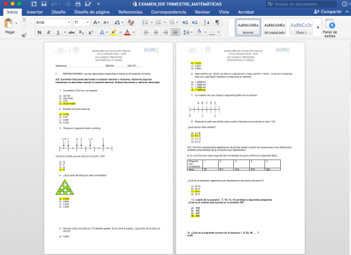 Captura de pantalla de un documento de examen de matemáticas abierto en Microsoft Word, que muestra preguntas de opción múltiple y diagramas relacionados con problemas matemáticos en la pantalla de la computadora.