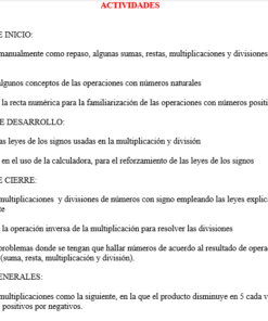 Una imagen de un documento de texto. El documento enumera un plan de lección académica estructurado con actividades etiquetadas como 'inicio', 'desarrollo' y 'cierre'. Describe actividades para practicar la multiplicación y división de números en español.