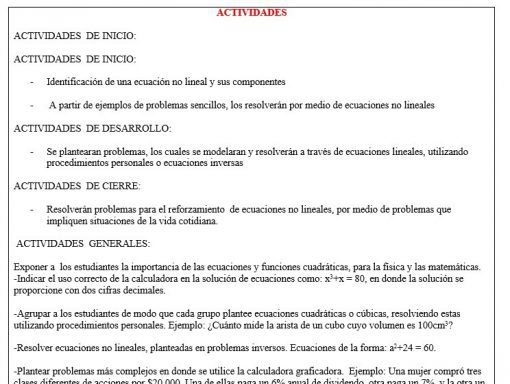 Un documento titulado "actividades" detalla las actividades educativas divididas en secciones: actividades de inicio, actividades de desarrollo, actividades de cierre y actividades generales, todas relacionadas con ecuaciones matemáticas y estrategias educativas.