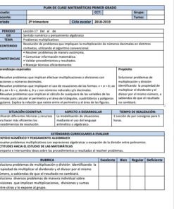 Una imagen de un plan de lección detallado para la clase de matemáticas de primer grado. El documento incluye apartados sobre periodo, docente, materia, competencias, contenidos y criterios de evaluación formateados en una tabla.