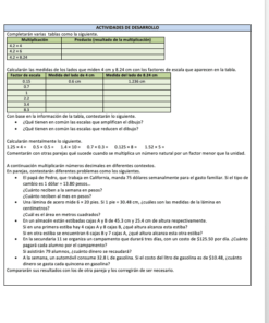 Página de un libro de texto de matemáticas que muestra un conjunto de actividades relacionadas con proporciones y cálculos de medidas, con tablas, valores fraccionarios y preguntas en español.