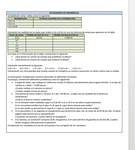 Página de un libro de texto de matemáticas que muestra un conjunto de actividades relacionadas con proporciones y cálculos de medidas, con tablas, valores fraccionarios y preguntas en español.