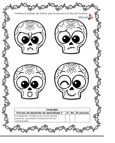 El producto "Planeación Octubre Preescolar NEM (Ciclo 2025-2026)" presenta cuatro calaveras de dibujos animados con diversas expresiones en un marco decorativo, texto en español en la parte superior y un cuadro sobre los procesos de aprendizaje para el Ciclo 2025-2026 en la parte inferior.