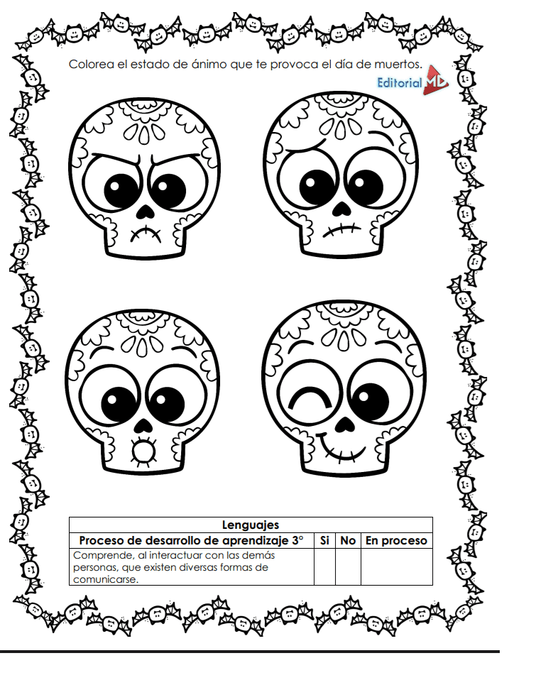 Planeación de Noviembre Preescolar NEM (Ciclo 2025-2026) 4 El producto "Planeación Octubre Preescolar NEM (Ciclo 2025-2026)" presenta cuatro calaveras de dibujos animados con diversas expresiones en un marco decorativo, texto en español en la parte superior y un cuadro sobre los procesos de aprendizaje para el Ciclo 2025-2026 en la parte inferior.
