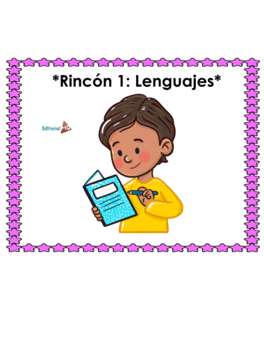 Niño sonriente de pelo corto castaño con camisa amarilla escribiendo en un cuaderno azul, bajo "Rincón 1: Lenguajes" con borde de estrella rosa-ideal para Planeación Diagnóstica Preescolar NEM (Septiembre) 2025-2026.