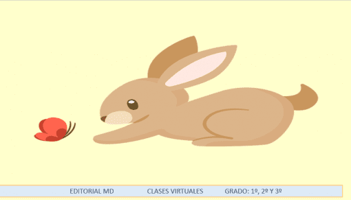 Ilustración de un lindo conejo marrón acostado y oliendo una pequeña flor roja sobre un fondo amarillo pálido. El texto en la parte inferior indica que está relacionado con Planeaciones Para dar Clases Digitales Nivel Preescolar para 1.° a 3.° grado.