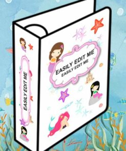 Carpeta ilustrada con tema de playa presenta Decora tu Carpeta con Sirenas de Mar y decoraciones de conchas. La portada y el lomo tienen un texto que dice 