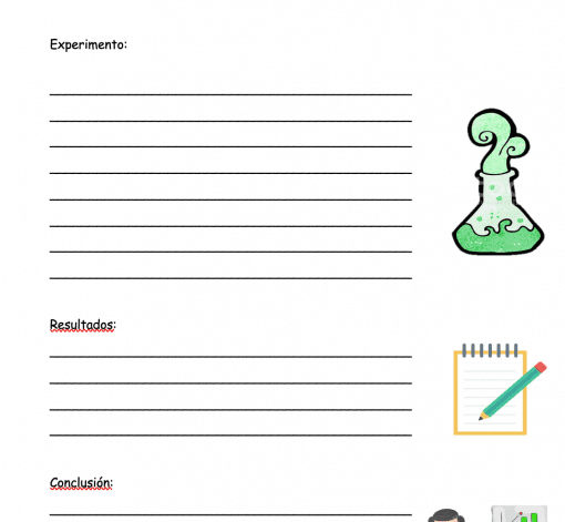Una Hoja de evaluación para experimento utilizando el método científico titulada en español con secciones denominadas "Experimento", "Método Científico" y "Conclusión", cada una seguida de varias líneas en blanco. Las imágenes adyacentes incluyen una poción verde en un matraz y un bloc de notas con un lápiz.