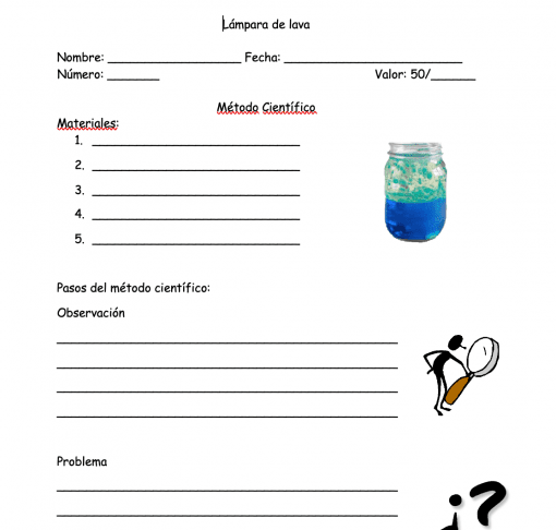 Imagen que muestra una hoja de trabajo escolar titulada "Hoja de evaluación para experimento utilizando el método científico" que incluye secciones para completar para Nombre, Fecha y Valor. Detalla el método científico con puntos en blanco para materiales y pasos, y un clipart de una persona reflexionando sobre una pregunta en la parte inferior.
