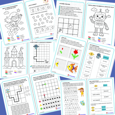 Un collage de coloridas fichas educativas para niños con superhéroes, robots, castillos, actividades para colorear, puzzles, cuadrículas y juegos de palabras, con instrucciones e iconos en español.