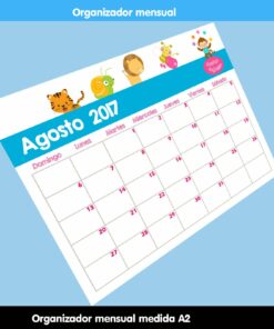 Ilustración de un colorido organizador mensual para agosto de 2017 con lindos dibujos de animales, marcado con "Organizador Mensual para Imprimir" en la parte superior.