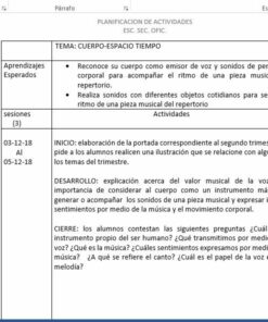 Una captura de pantalla de un documento de plan de lección de clase en español, centrado en la 