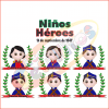 Ilustración que conmemora a Niños Héroes del 13 de septiembre de 1847. Presenta seis personajes infantiles estilo caricatura que representan personajes históricos, rodeados de coronas de laurel verdes, con nombres etiquetados debajo de cada uno en un Tabloide de Decoración Salón De Los Niños Héroes.