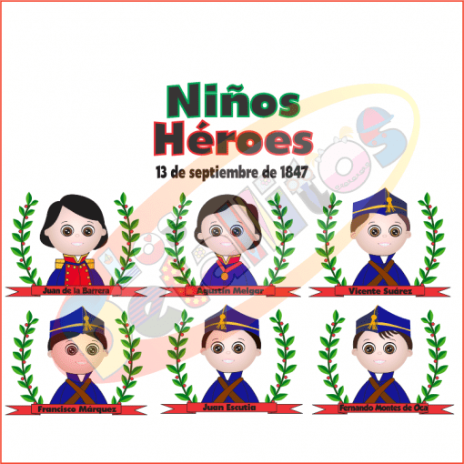 Ilustración que conmemora a Niños Héroes del 13 de septiembre de 1847. Presenta seis personajes infantiles estilo caricatura que representan personajes históricos, rodeados de coronas de laurel verdes, con nombres etiquetados debajo de cada uno en un Tabloide de Decoración Salón De Los Niños Héroes.