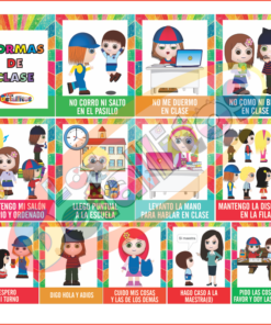 Láminas Con Las Normas De Clase ilustradas que muestran diversas normas de clase, con coloridos niños en caricatura participando en actividades escolares como caminar en fila, levantar la mano, usar computadoras y mantener el aula ordenada. El texto en español destaca cada norma.