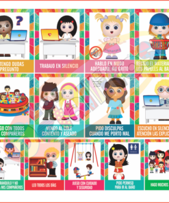 Ilustración de las Láminas Con Las Normas De Clase que muestra a niños diversos participando en diversas actividades como usar computadoras, jugar y limpiar, cada una acompañada de un texto descriptivo en español.
