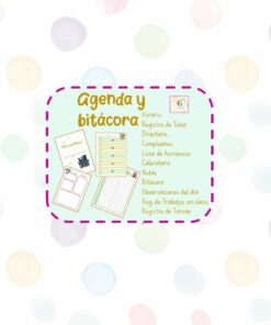 Una página titulada “AGENDA BITÁCORA 2022-2023” con varias categorías de organizador: horario, registros de tutores, directorio, cumpleaños, lista de asistencia, calendario, notas, bitácora, observaciones diarias, registro de trabajos de clase y registro de tareas. Hay ilustraciones de cuadernos y páginas.