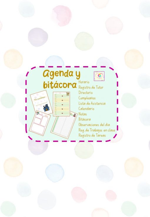 Una página titulada “AGENDA BITÁCORA 2022-2023” con varias categorías de organizador: horario, registros de tutores, directorio, cumpleaños, lista de asistencia, calendario, notas, bitácora, observaciones diarias, registro de trabajos de clase y registro de tareas. Hay ilustraciones de cuadernos y páginas.