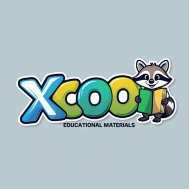 Logotipo de "XCOOL Educational Materials" con letras coloridas y en negrita. Un alegre mapache de dibujos animados sostiene un libro y se sitúa junto al texto sobre un fondo gris claro.