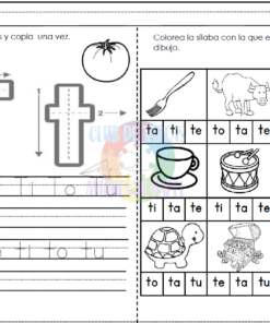 Un cuadernillo lecto escritura para el aprendizaje del idioma español con dos secciones: trazar letras y colorear sílabas. La primera sección se centra en escribir 'ta'. La sección dos tiene imágenes para colorear según las sílabas iniciales. Incluye ilustraciones de tomate, vaca, taza y tortuga.