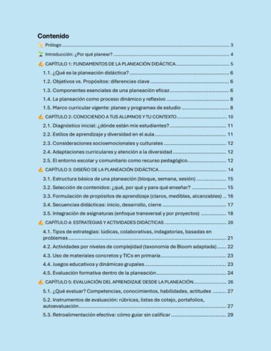 Índice en español con fondo azul y texto en blanco. Los títulos de las secciones están en negrita y marcados con varios iconos, y los números de página figuran a la derecha.