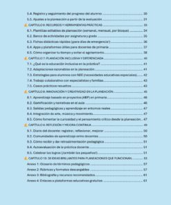 Índice de una guía educativa, con capítulos sobre planificación, recursos, innovación, ideas útiles y anexos, con sus correspondientes números de página. La maquetación es limpia, con texto azul sobre fondo azul claro.