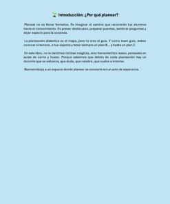 Una página azul con una introducción en español a un libro sobre la importancia de la planificación, con un título en negrita, un icono verde de introducción y varios párrafos de texto que explican el propósito y el beneficio de la planificación.