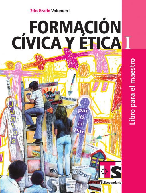 Portada colorida de un libro de texto en español titulado "formación cívica y ética i" que muestra a estudiantes en medio de diseños vibrantes y abstractos y varios elementos de texto, indicando contenido educativo.