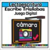 Portada del juego educativo digital en español sobre la escritura de palabras trisílabas. Presenta una pizarra con la palabra "cámara" y una colorida cámara ilustrada. En la parte superior aparece el título "Lectoescritura Escribe Trisílabas Juego Digital".