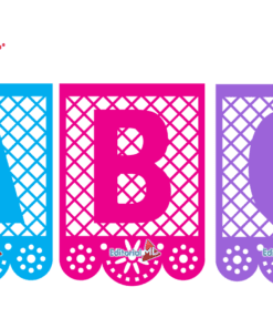Planeación de Noviembre Preescolar NEM (Ciclo 2025-2026) 9 Tres coloridas banderolas de papel picado con las letras A (azul), B (rosa) y C (morado) -cada una con recortes decorativos y el logotipo de