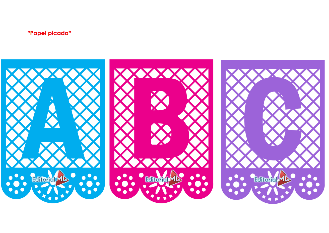 Planeación de Noviembre Preescolar NEM (Ciclo 2025-2026) 5 Tres coloridas banderolas de papel picado con las letras A (azul), B (rosa) y C (morado) -cada una con recortes decorativos y el logotipo de "Editorial ML"- son perfectas para Planeación Octubre Preescolar NEM (Ciclo 2025-2026).