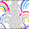 Un fondo colorido con arcos iris dibujados a mano. El texto superpuesto en español enumera los contenidos de una agenda, como horarios, contactos, responsabilidades del evento, evaluaciones e información de emergencia.