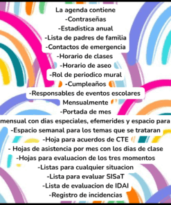 Un fondo colorido con arcos iris dibujados a mano. El texto superpuesto en español enumera los contenidos de una agenda, como horarios, contactos, responsabilidades del evento, evaluaciones e información de emergencia.