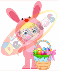 Una colorida ilustración de un conejo de dibujos animados vestido con el SET Los Detallitos Disfraz Pascua Fondo Transparente, con rostro humano, sosteniendo una canasta llena de huevos de Pascua decorados. El fondo presenta un suave efecto de halo con tonos pastel.