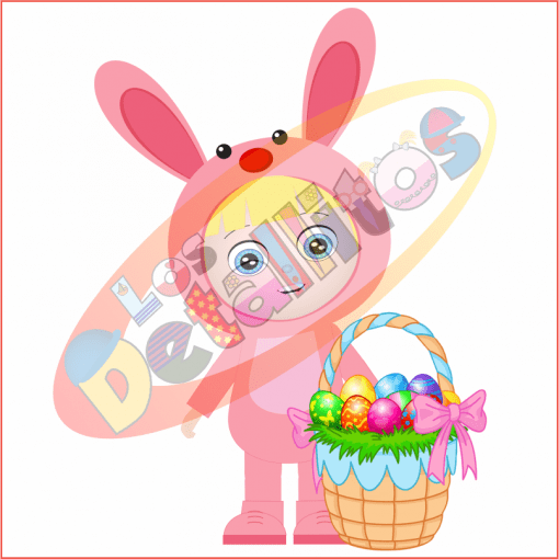 Una colorida ilustración de un conejo de dibujos animados vestido con el SET Los Detallitos Disfraz Pascua Fondo Transparente, con rostro humano, sosteniendo una canasta llena de huevos de Pascua decorados. El fondo presenta un suave efecto de halo con tonos pastel.