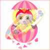 Ilustración de un bebé en un SET Los Detallitos Disfraz Pascua Fondo Transparente dentro de un colorido huevo de Pascua agrietado, rodeado por una variedad de artículos pequeños como un biberón, chupete y juguetes. Los tonos rosa y naranja dominan la imagen.